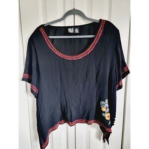 Bila 1XP Black Embroidered Top Women's Plus‎ Boho Peasant S/S Vtg Shoulder Pads
